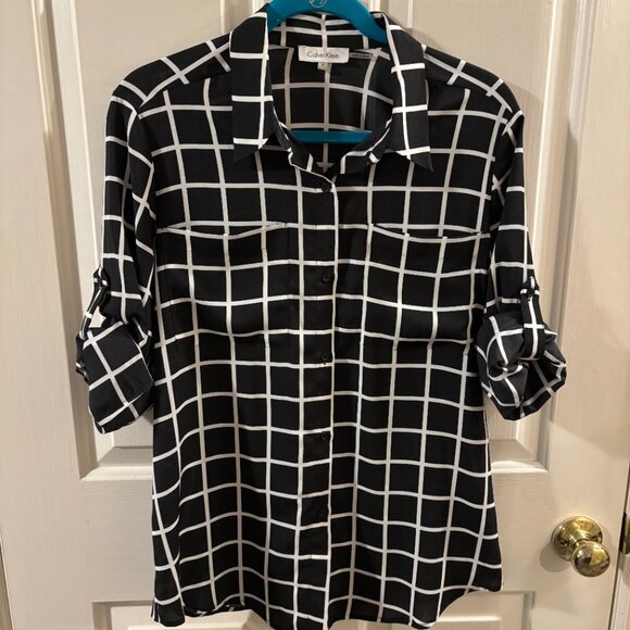 Calvin Klein Women's Black/White Windowpane Boyfriend Tunic Shirt ~ Medium - Picture 2 of 6